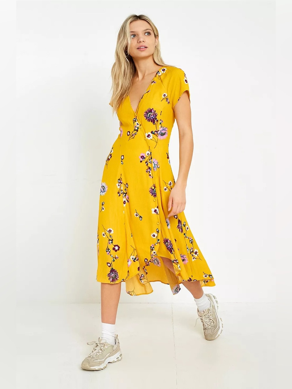 Free People Lost In You Floral High Low Midi Dress Yellow Size L NWT